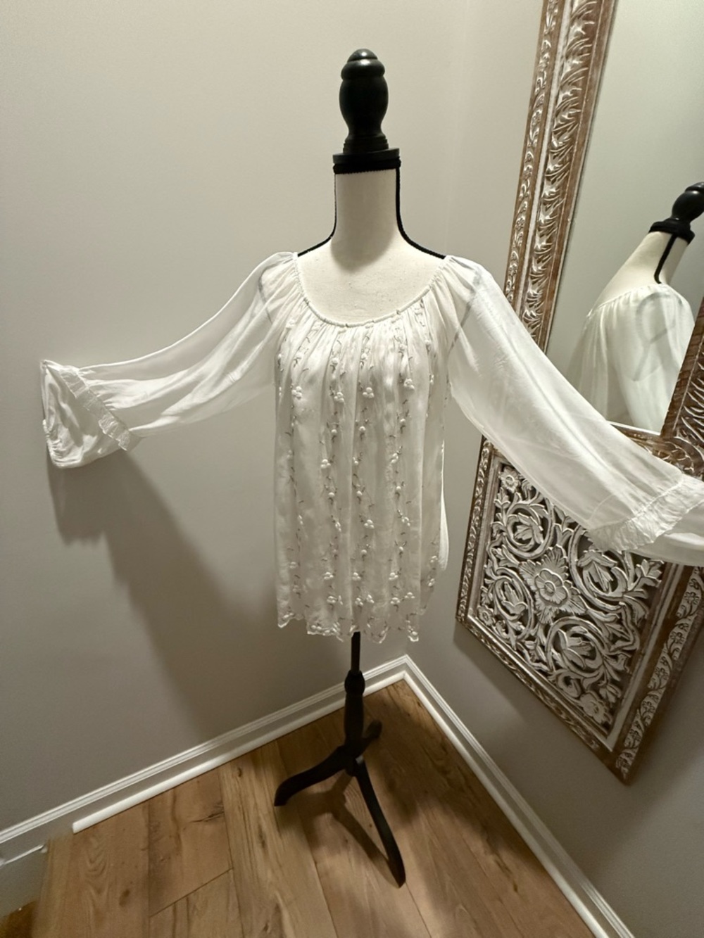 White silk Sheer Embroidered Peasant Top with knit liner- made in Italy